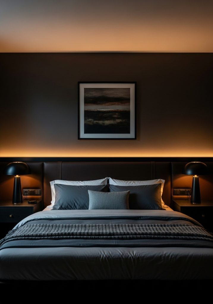 Modern masculine bedroom with charcoal walls and leather bed
