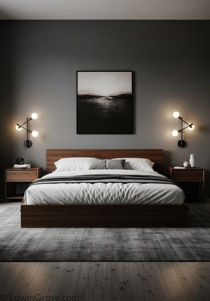 Modern masculine bedroom with platform bed