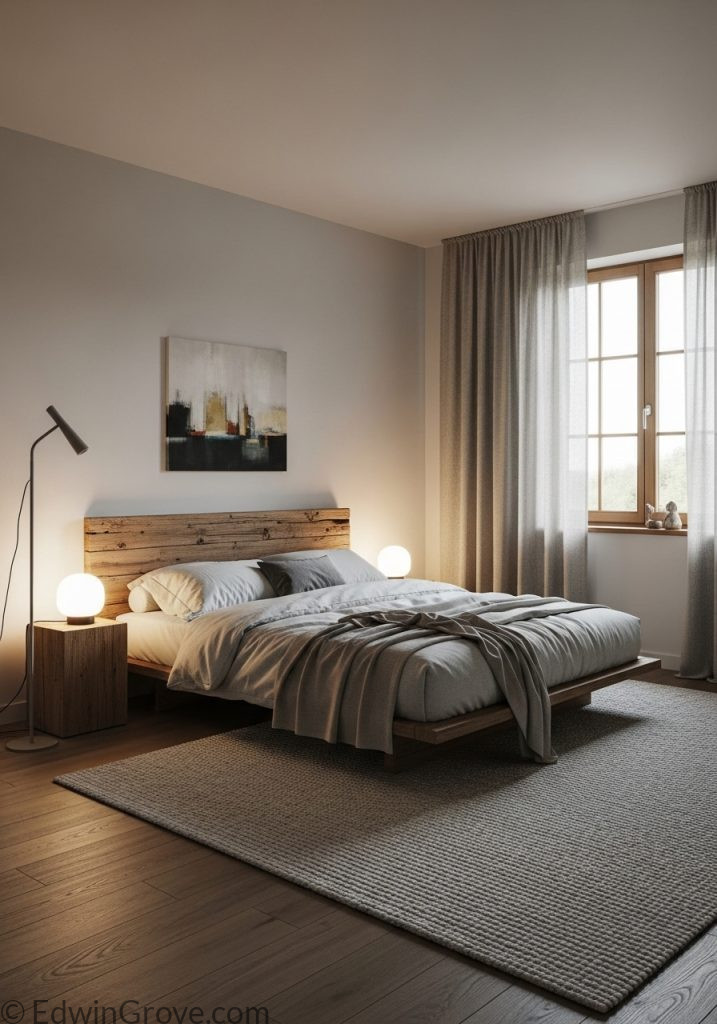 Modern rustic bedroom with clean lines and wooden accents