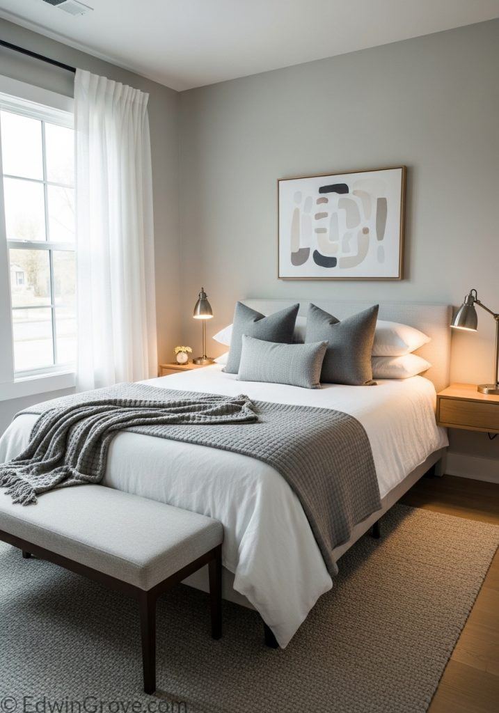 Modern small guest bedroom with neutral decor and clean design