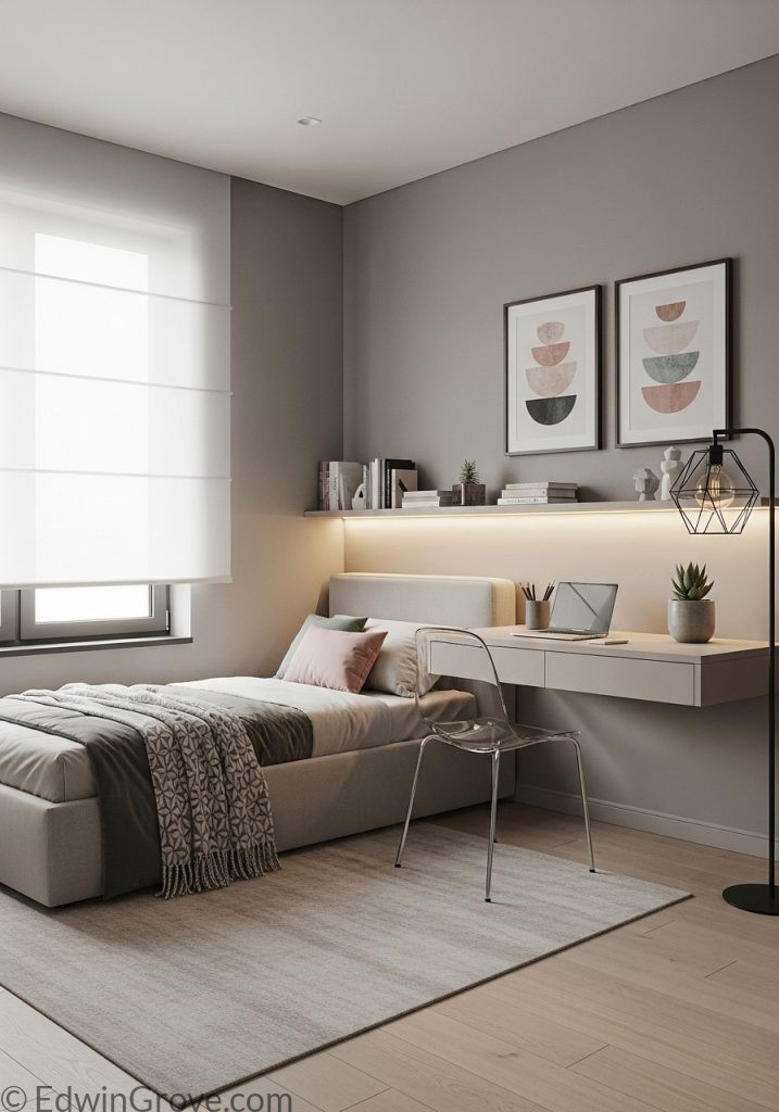 Modern teen girl bedroom with sleek furniture and minimal design