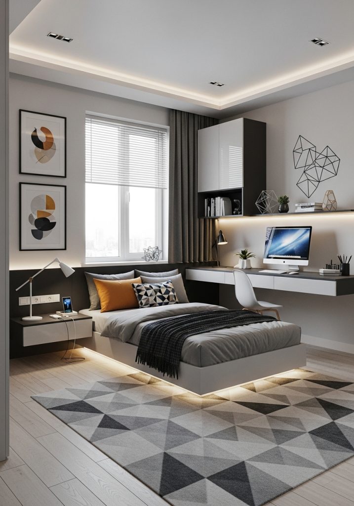 Modern teenage boy bedroom with sleek furniture and contemporary style
