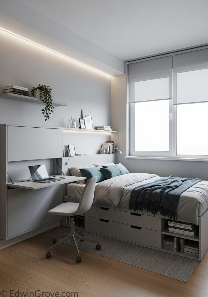 Multifunctional furniture used in a small bedroom layout
