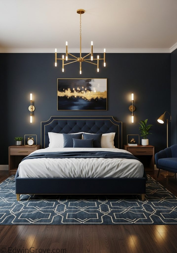 Navy blue masculine bedroom with elegant decor