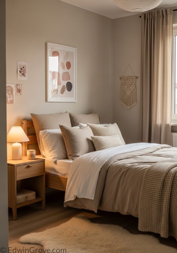 Neutral teen girl bedroom with minimalist and cozy decor