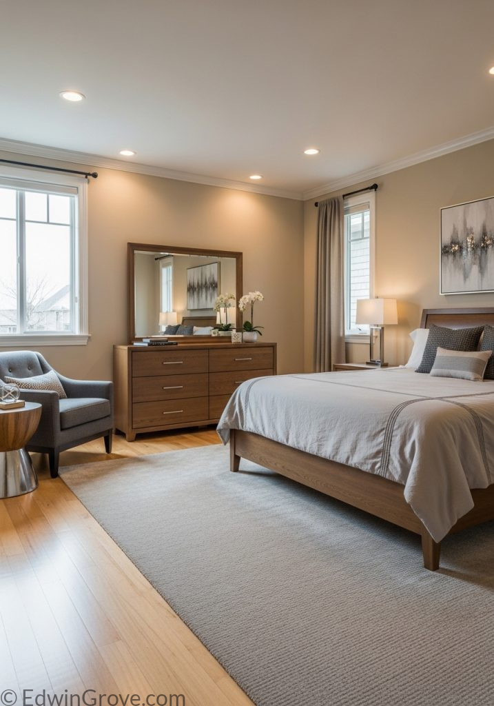 Neutral tone masculine bedroom interior