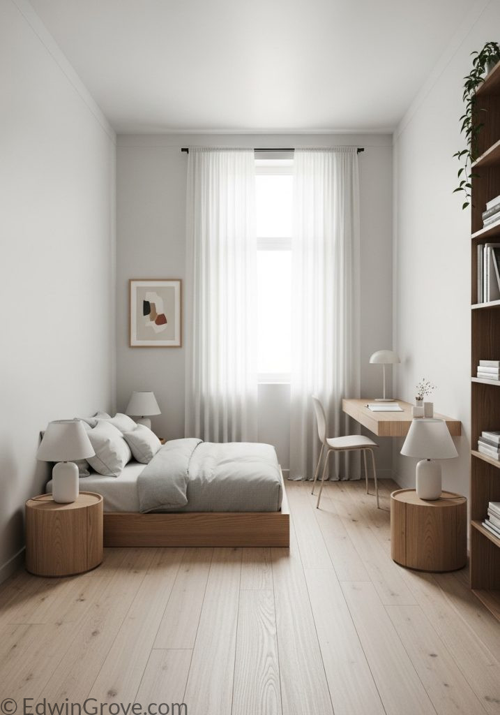 Open center floor layout in a small bedroom