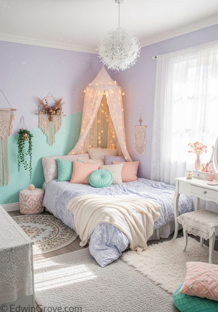 Pastel teen girl bedroom with soft dreamy color palette