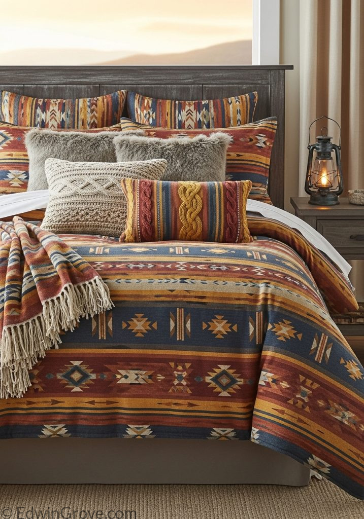 Patterned western bedding set on bed
