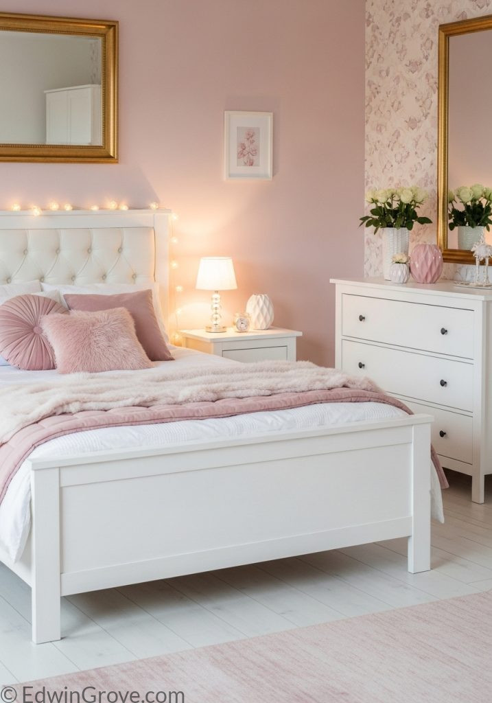 Pink and white teen girl bedroom with soft feminine design