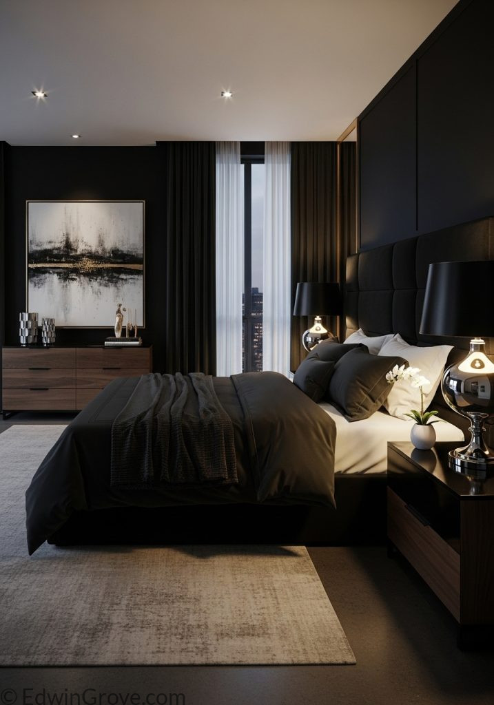 Premium black bedroom with elegant decorative accents