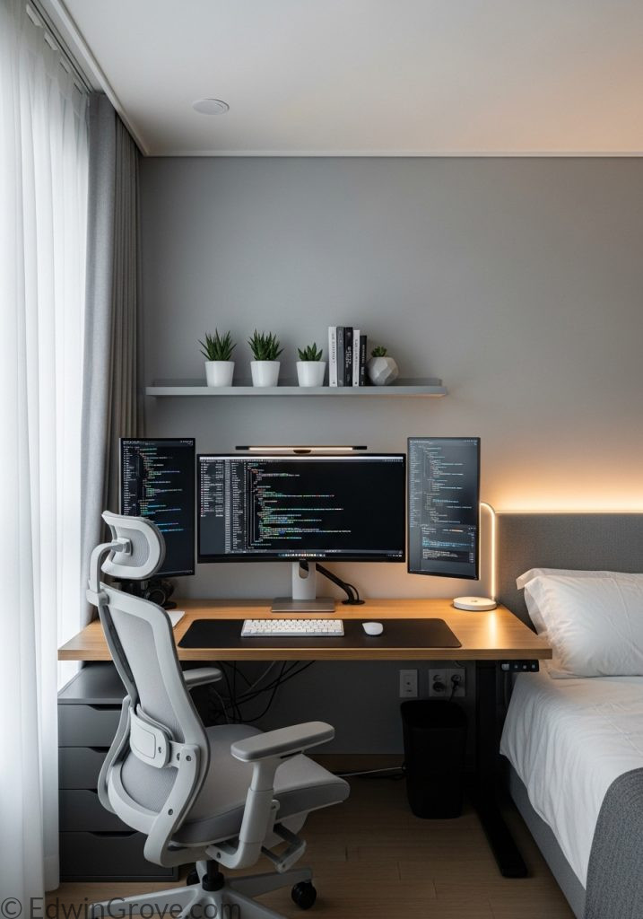 Professional bedroom office setup with organized workspace