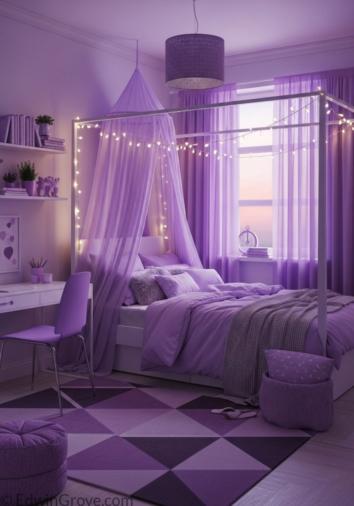 Purple teen girl bedroom with cozy and aesthetic lighting