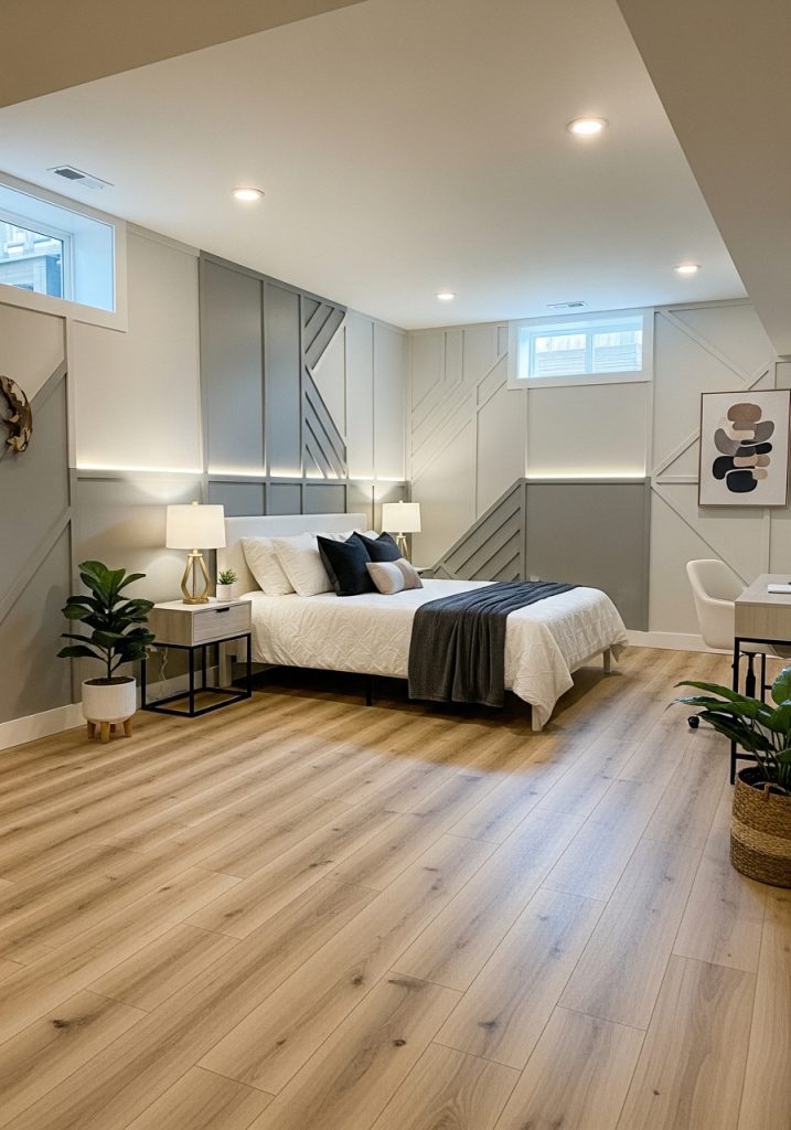 Renovated basement bedroom with modern finishes