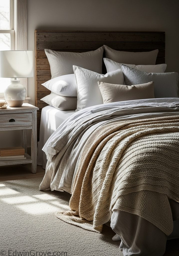 Rustic bedroom with cozy layered bedding