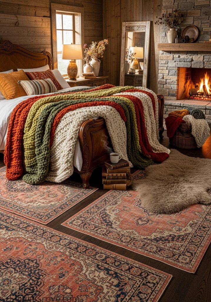 Rustic bedroom with cozy rugs and layered blankets