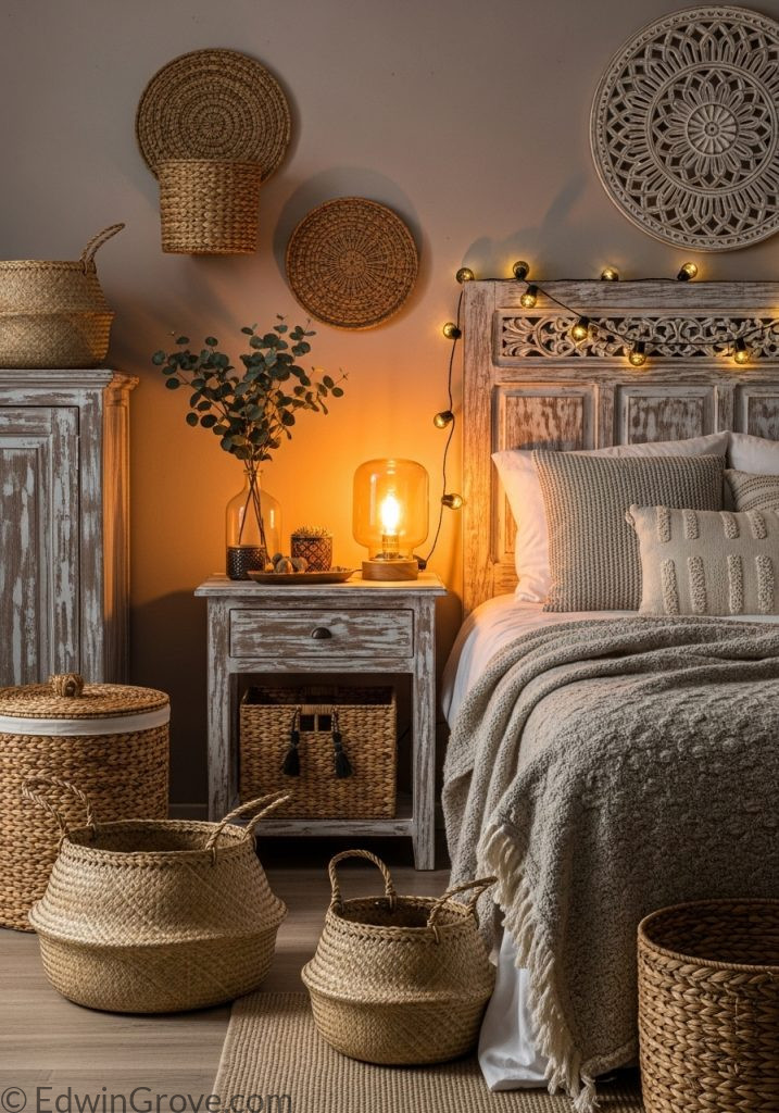 Rustic bedroom with decorative accessories and natural elements