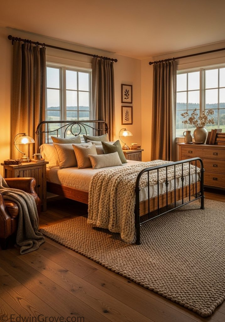 Rustic bedroom with earthy tone curtains and wooden decor