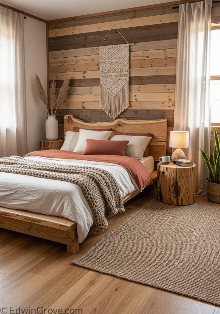 Rustic bedroom with natural wood elements and organic design