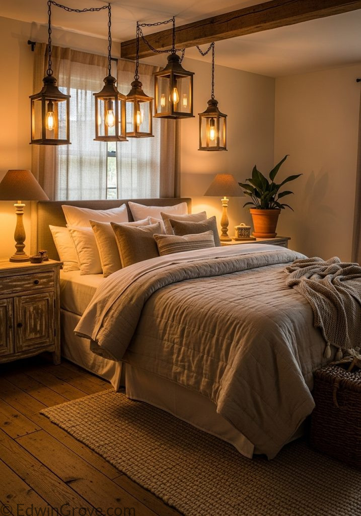 Rustic bedroom with warm ambient lighting and cozy glow