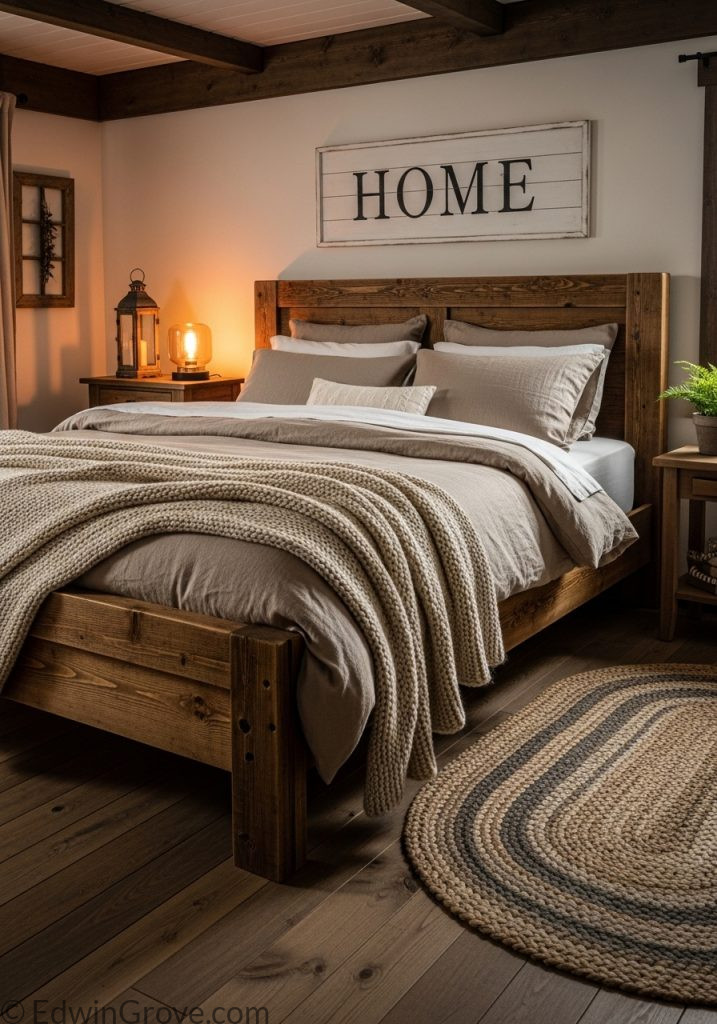 Rustic bedroom with wooden bed frame and cozy neutral bedding
