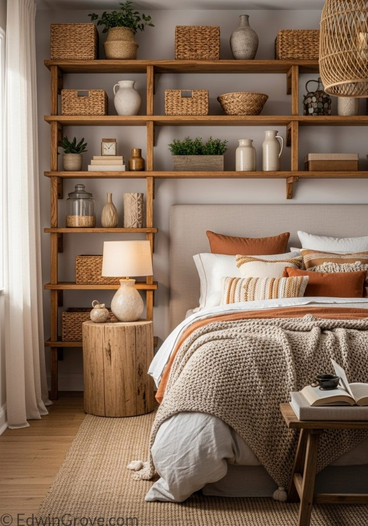 Rustic bedroom with wooden shelves and organized decor
