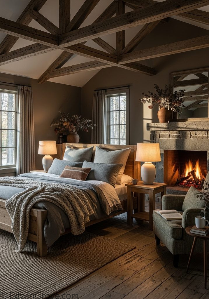 Rustic master bedroom with warm and natural design elements
