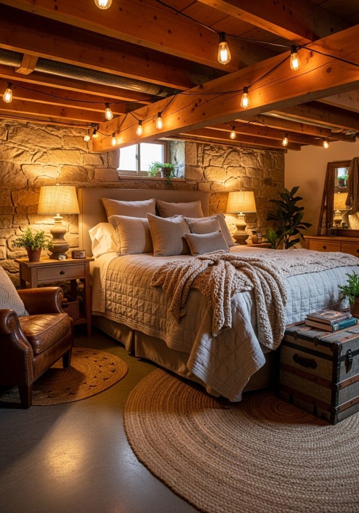 Rustic style basement bedroom with wood accents