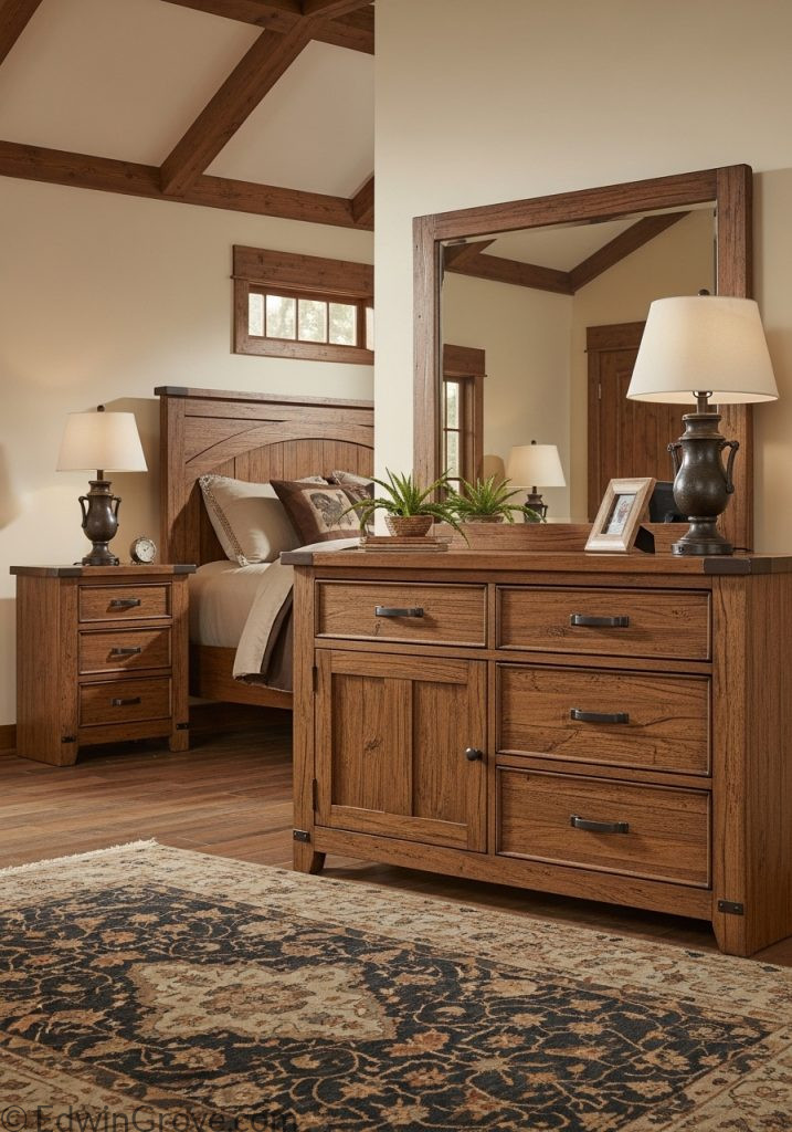 Rustic wooden furniture in western bedroom