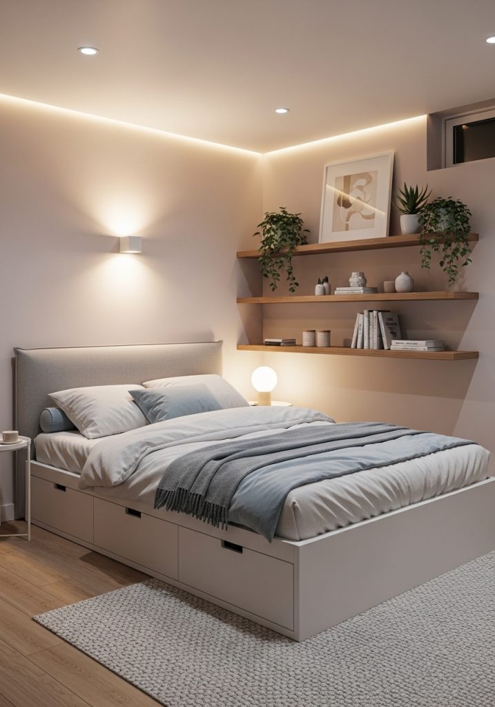 Small basement bedroom with compact furniture and bright colors