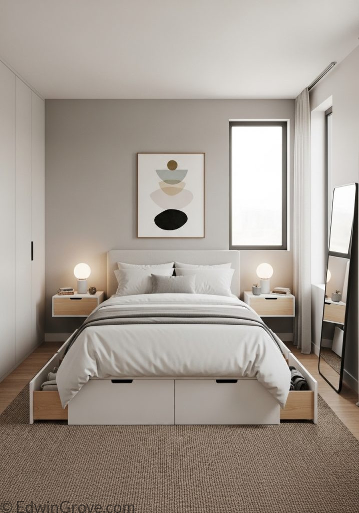 Small bedroom featuring a bed with built-in storage drawers