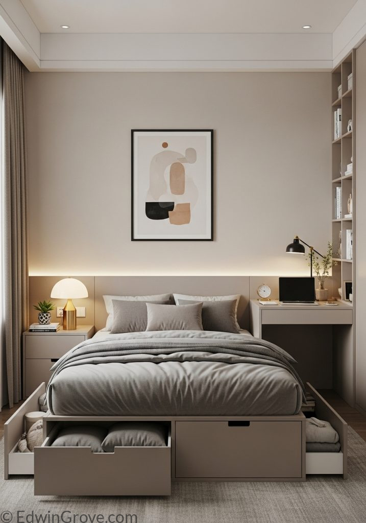 Small bedroom featuring multifunctional furniture and storage bed