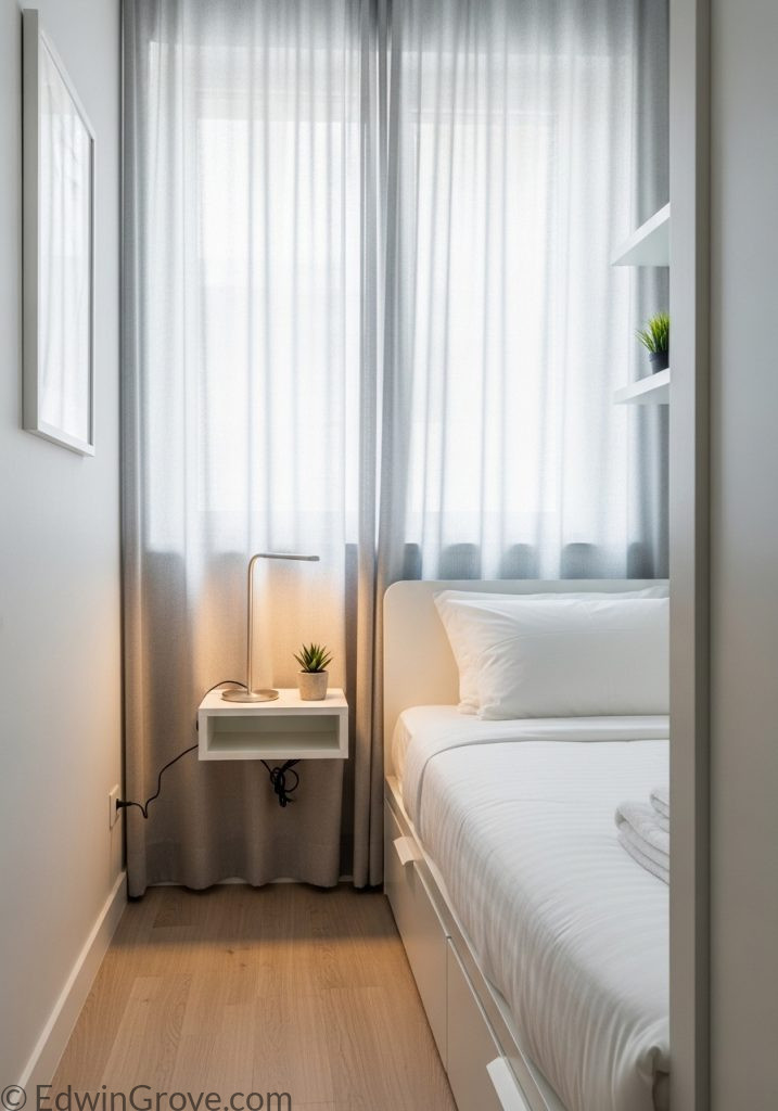 Small bedroom with space-saving light curtains