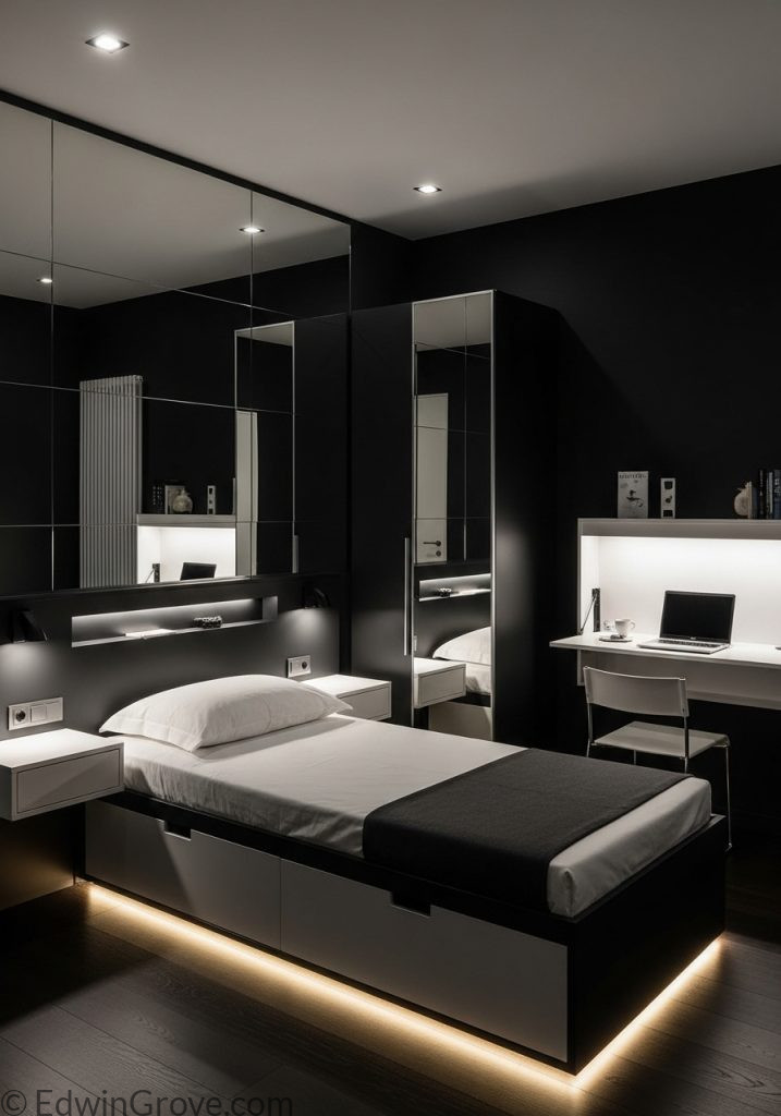 Small black bedroom with smart space-saving layout