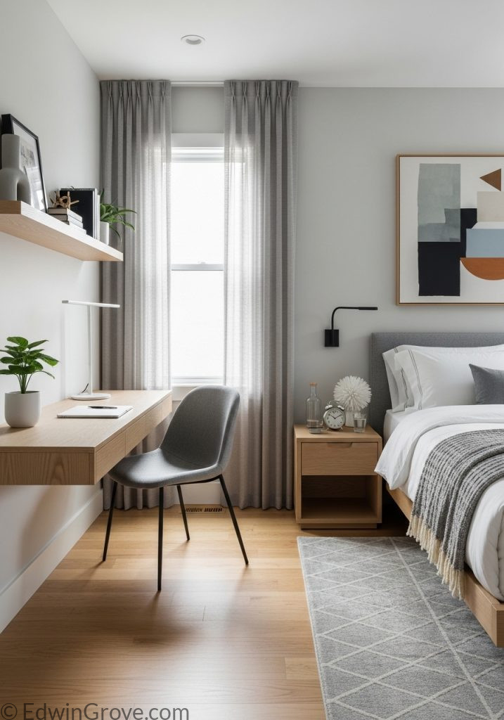 Small guest bedroom with dual-purpose layout for functionality