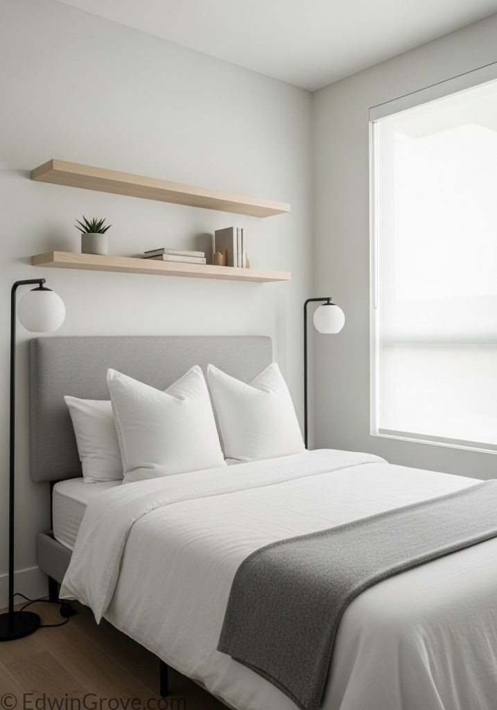 Small guest bedroom with floating shelves for stylish storage