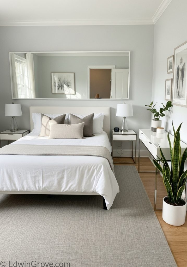 Small guest bedroom with mirror to create spacious illusion