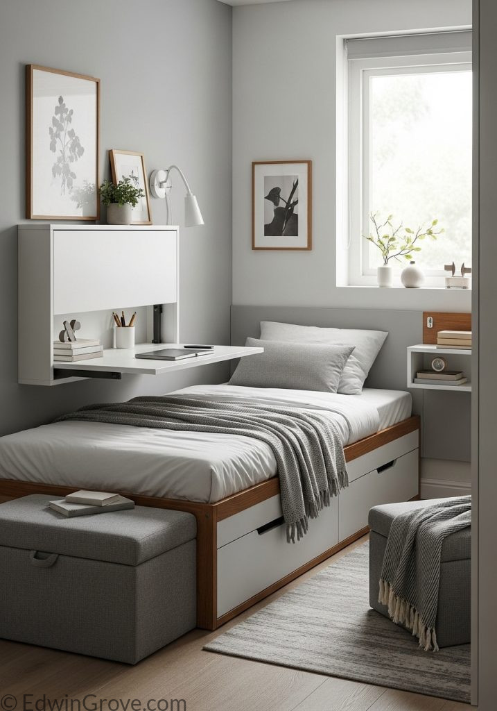 Small guest bedroom with multifunctional furniture and storage solutions