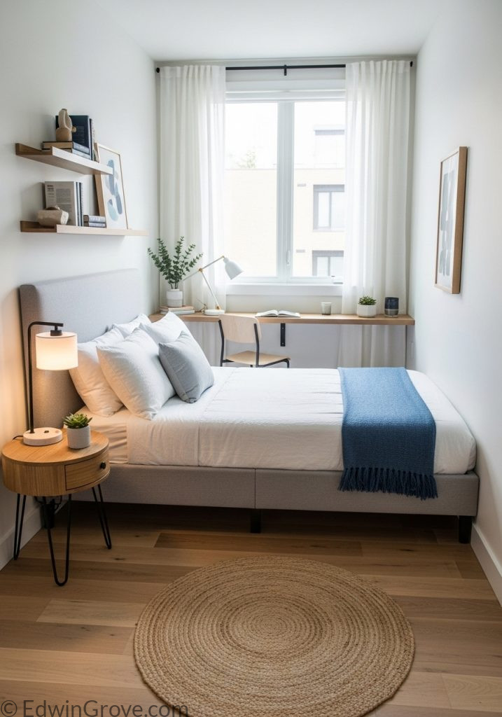 Small guest bedroom with smart corner bed placement for better flow