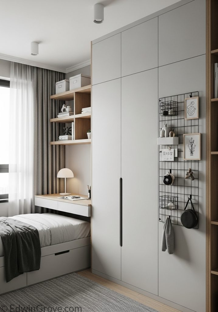 Small guest bedroom with vertical storage and floating shelves