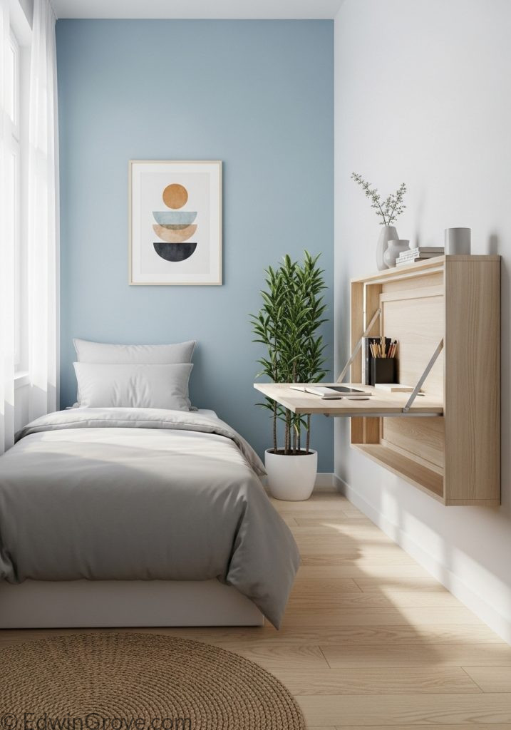 Small guest bedroom with wall-mounted desk for space efficiency