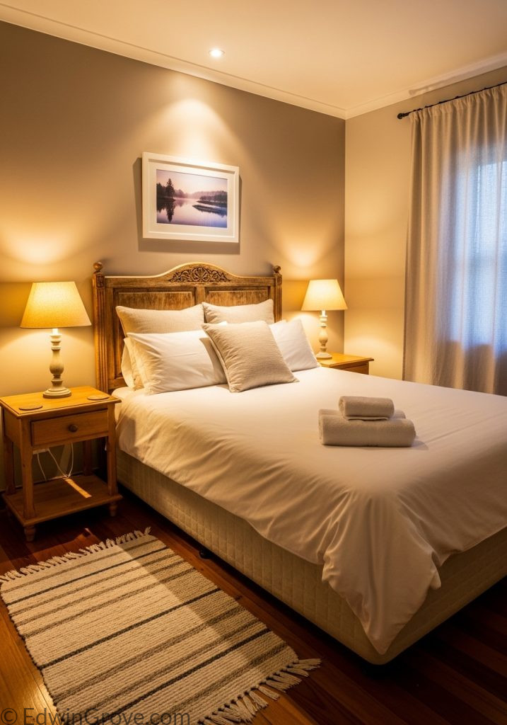 Small guest bedroom with warm lighting for cozy ambiance