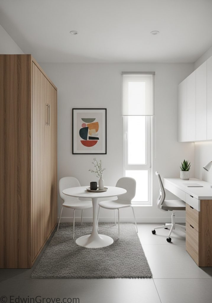 Small guest room with foldable bed for space-saving flexibility