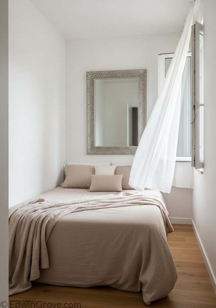 Small master bedroom with light colors that make space look bigger