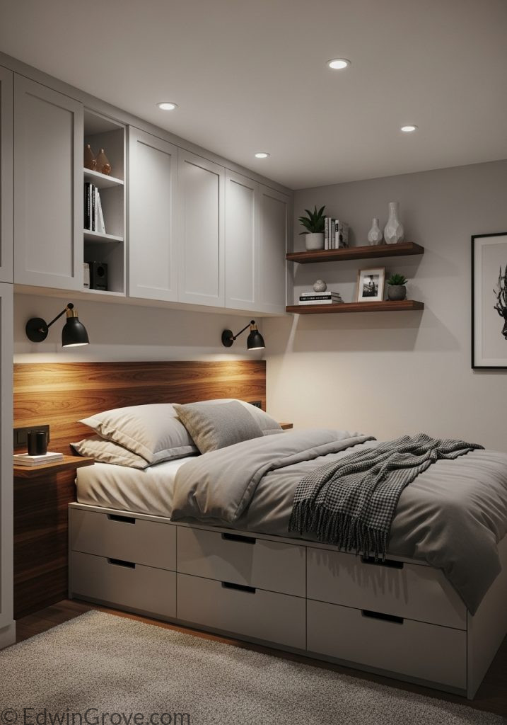 Small master bedroom with smart storage and space-saving furniture