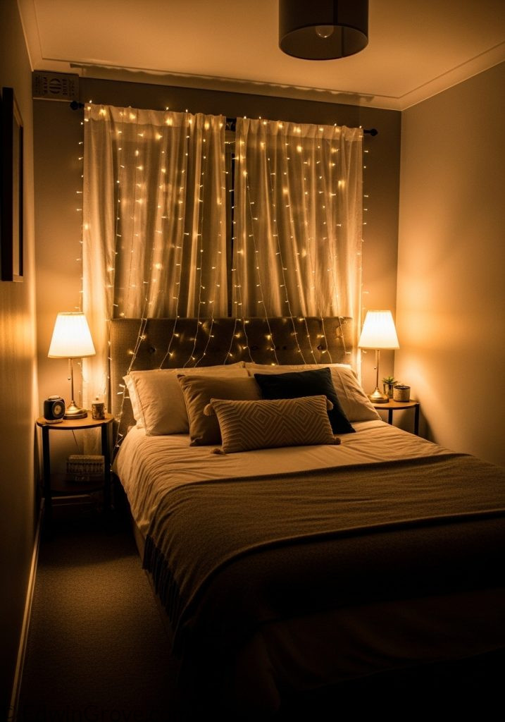 Small master bedroom with warm and cozy lighting setup