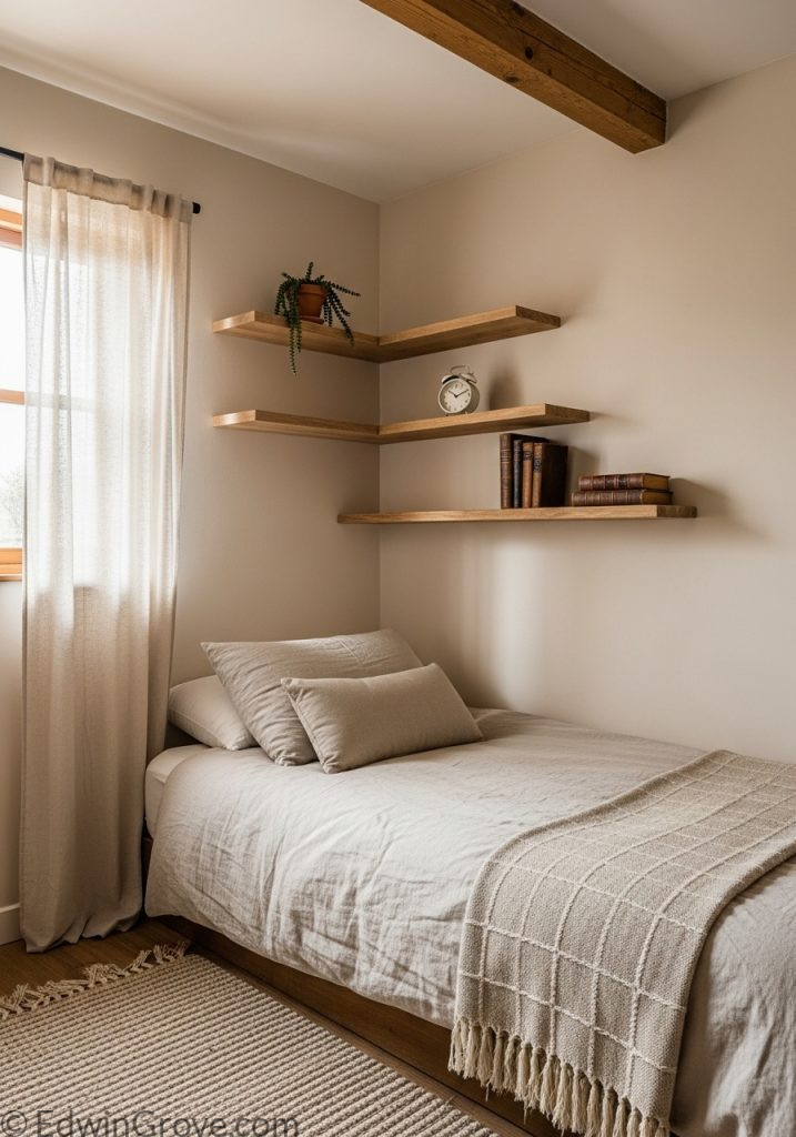 Small rustic bedroom with smart storage and neutral decor