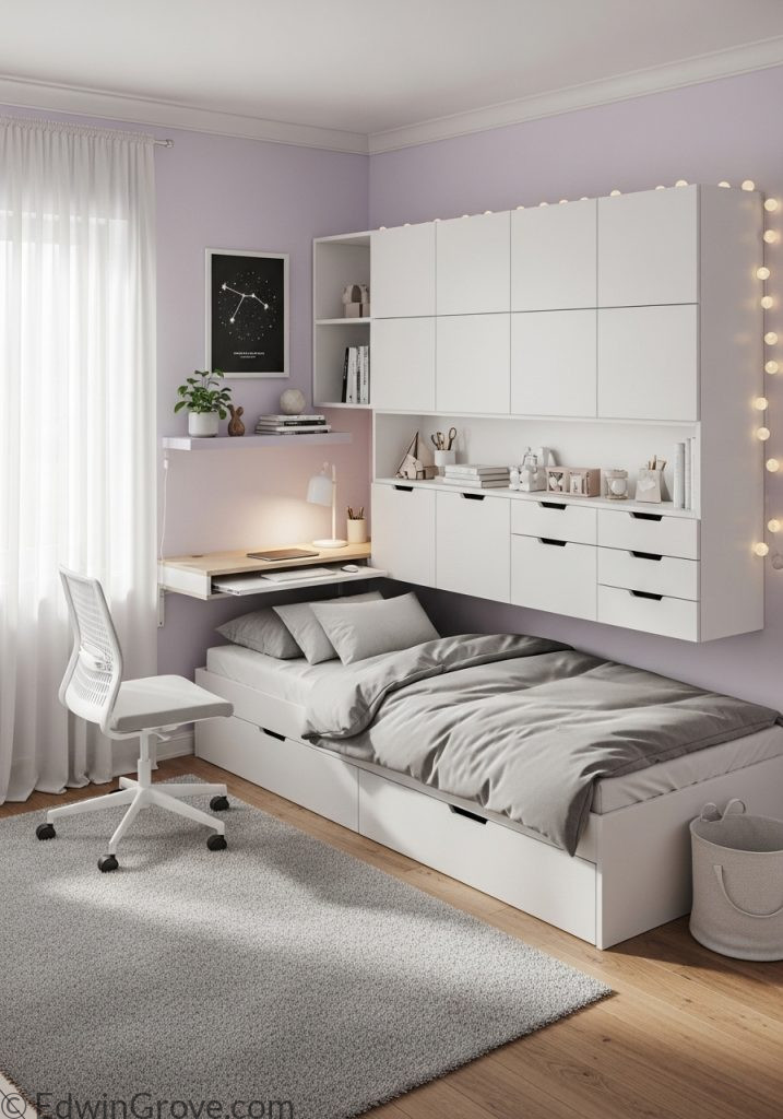 Small teen girl bedroom with smart storage solutions