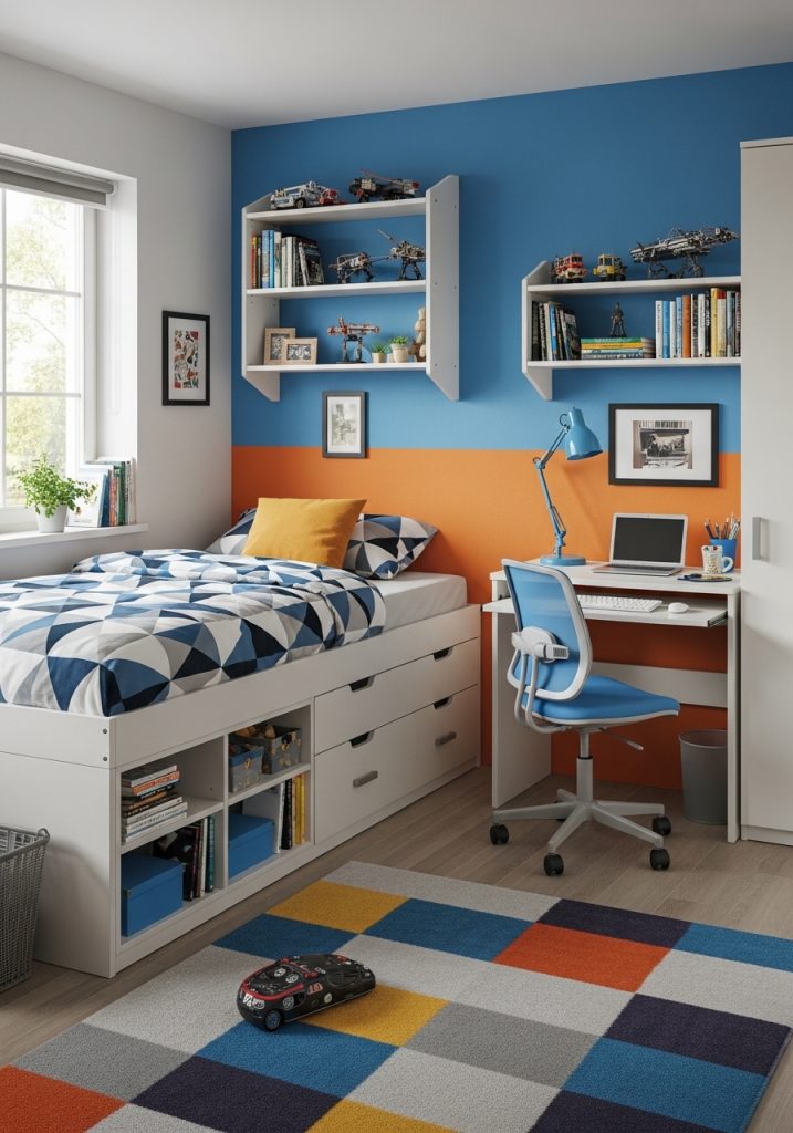 Small teenage boy bedroom with smart storage and compact furniture