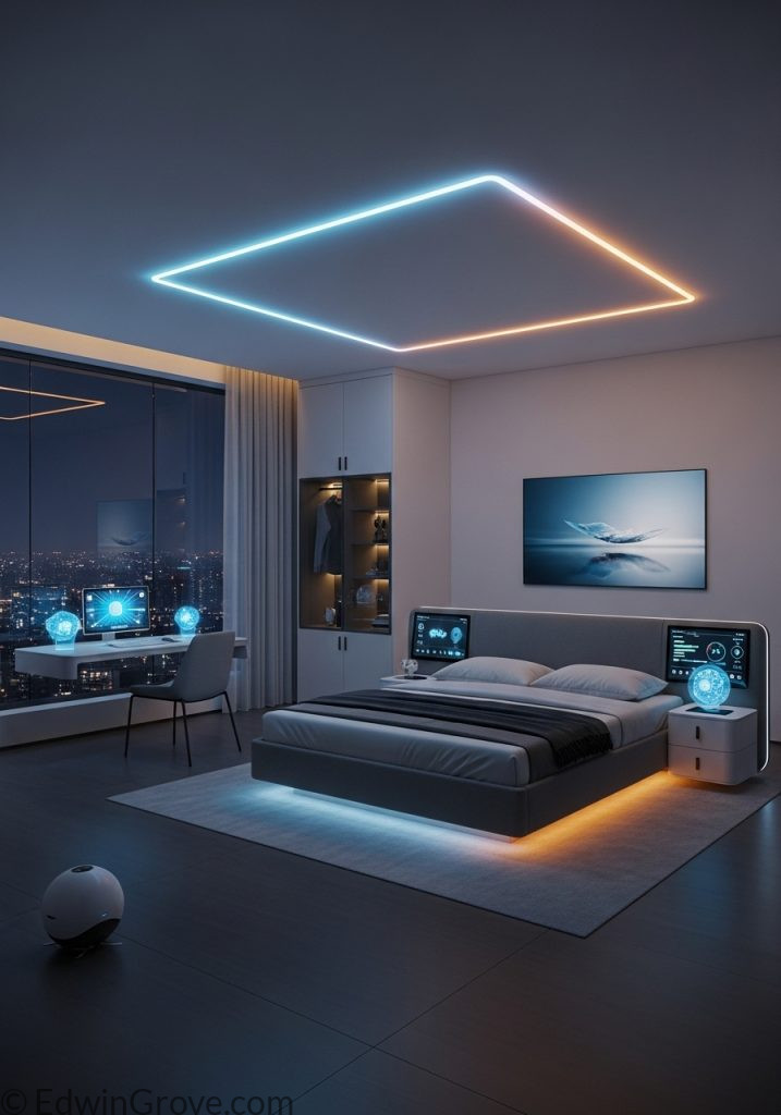 Smart bedroom with technology-integrated furniture